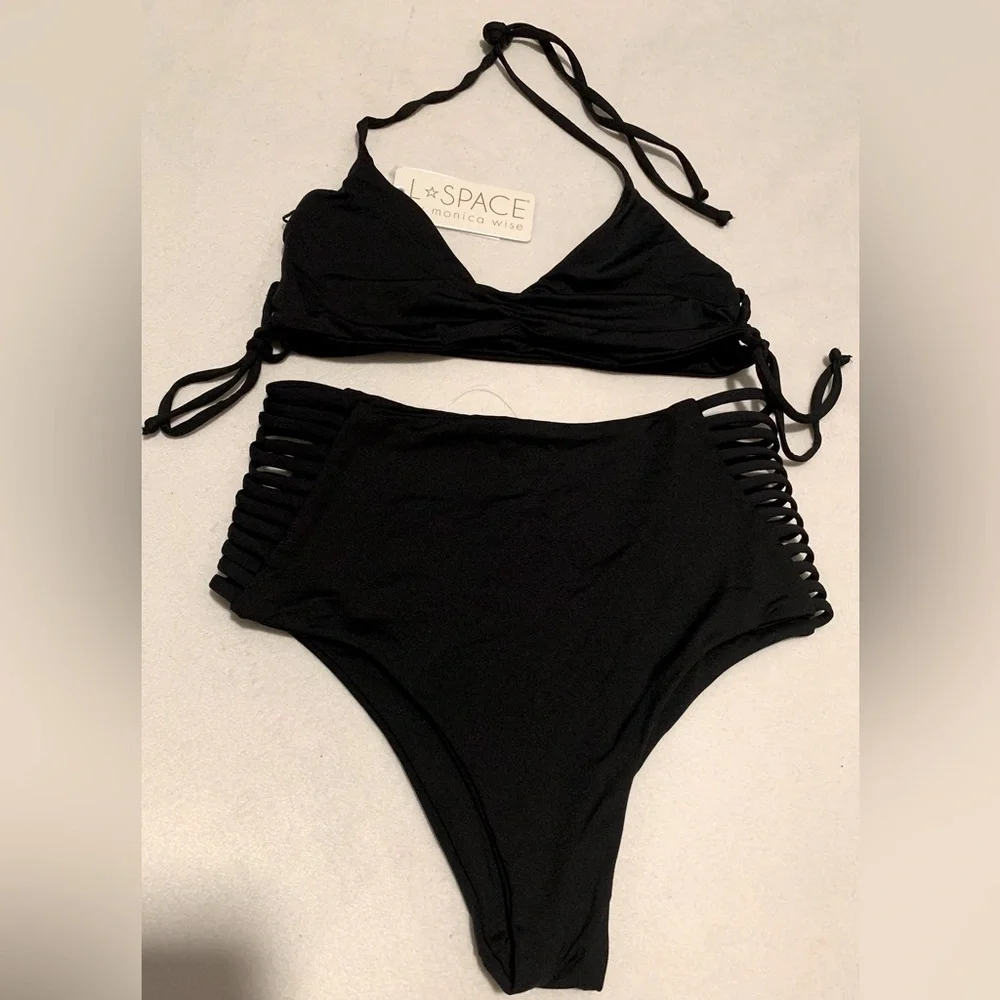 NWT L*Space Black Gwen Top and Harrington High Waist Bikini Bottom Set Small